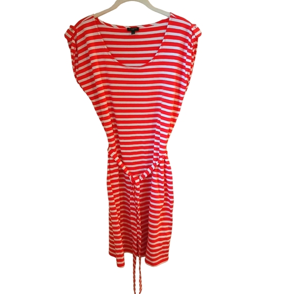 Talbots Women's Reddish Orange And White Striped T Shirt Dress With Belt Size LP - Picture 1 of 10